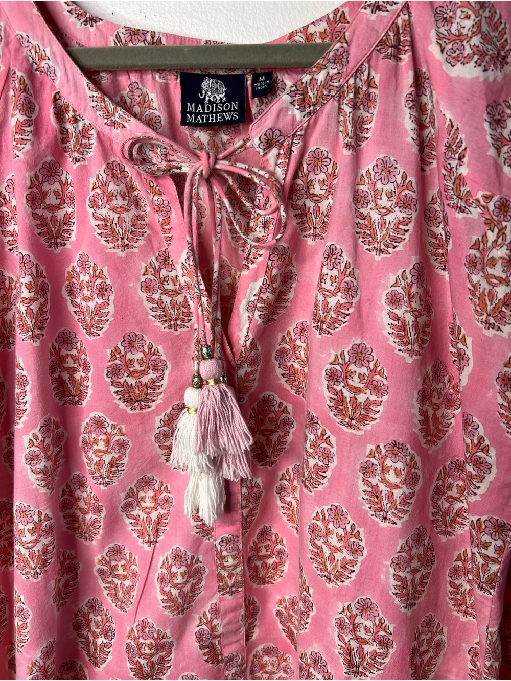 Madison Mathews Pink Tassel Tie 3/4 Sleeve Peasant Top SZ M EUC - Picture 3 of 8